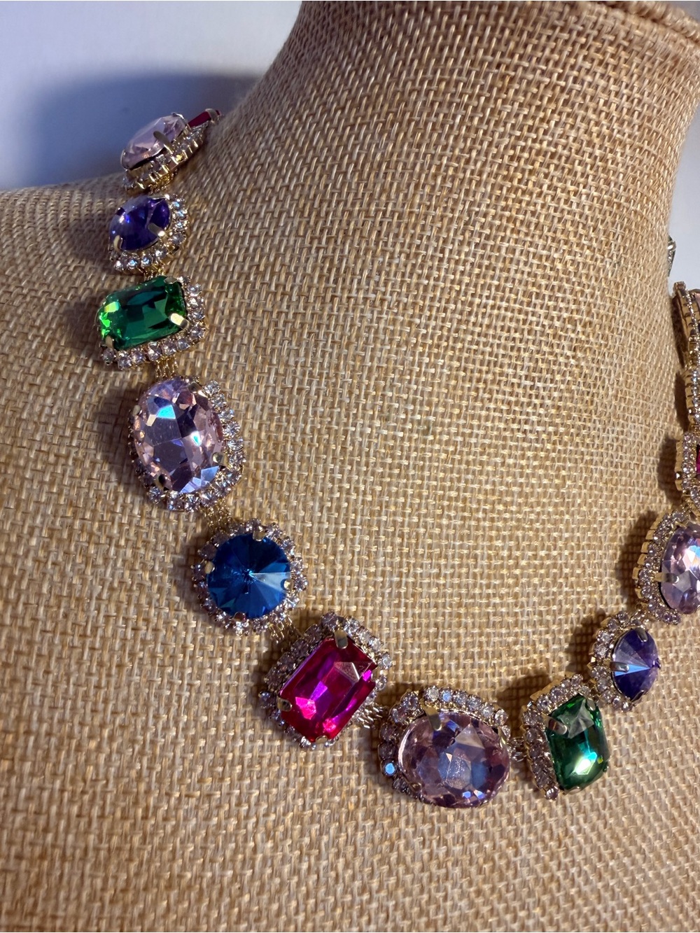 Eye Candy Gold Tone Pink, Blue, Green & Purple Faceted Crystal And Pave Necklace - Picture 7 of 10